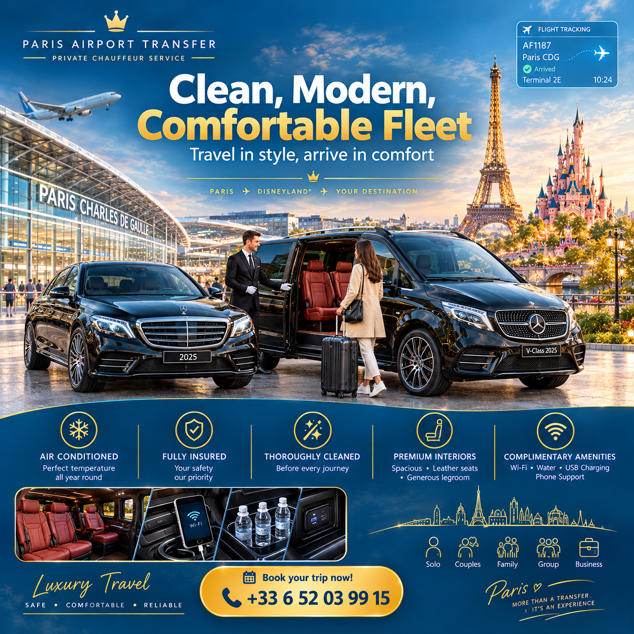 Clean modern Mercedes fleet used for Paris airport and Disneyland transfers
