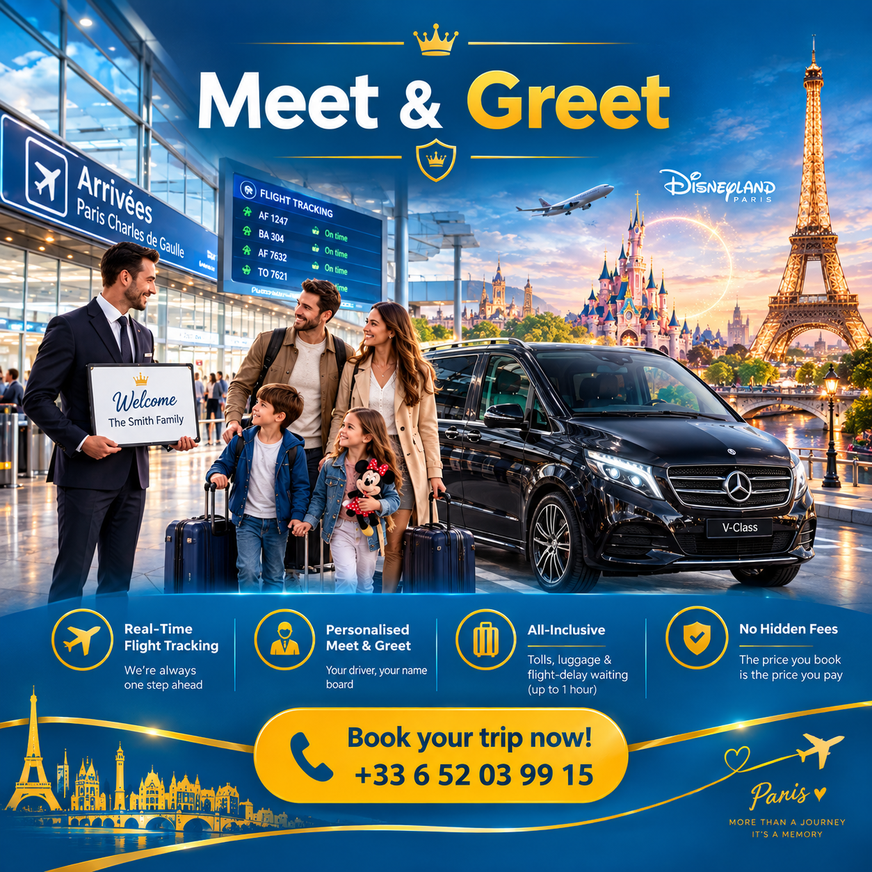 Professional chauffeur holding a name sign at Charles de Gaulle arrivals meet and greet
