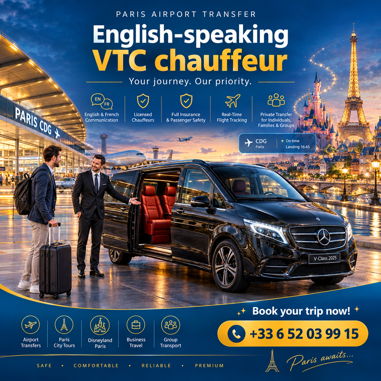 English speaking professional chauffeur for Paris airport transfer